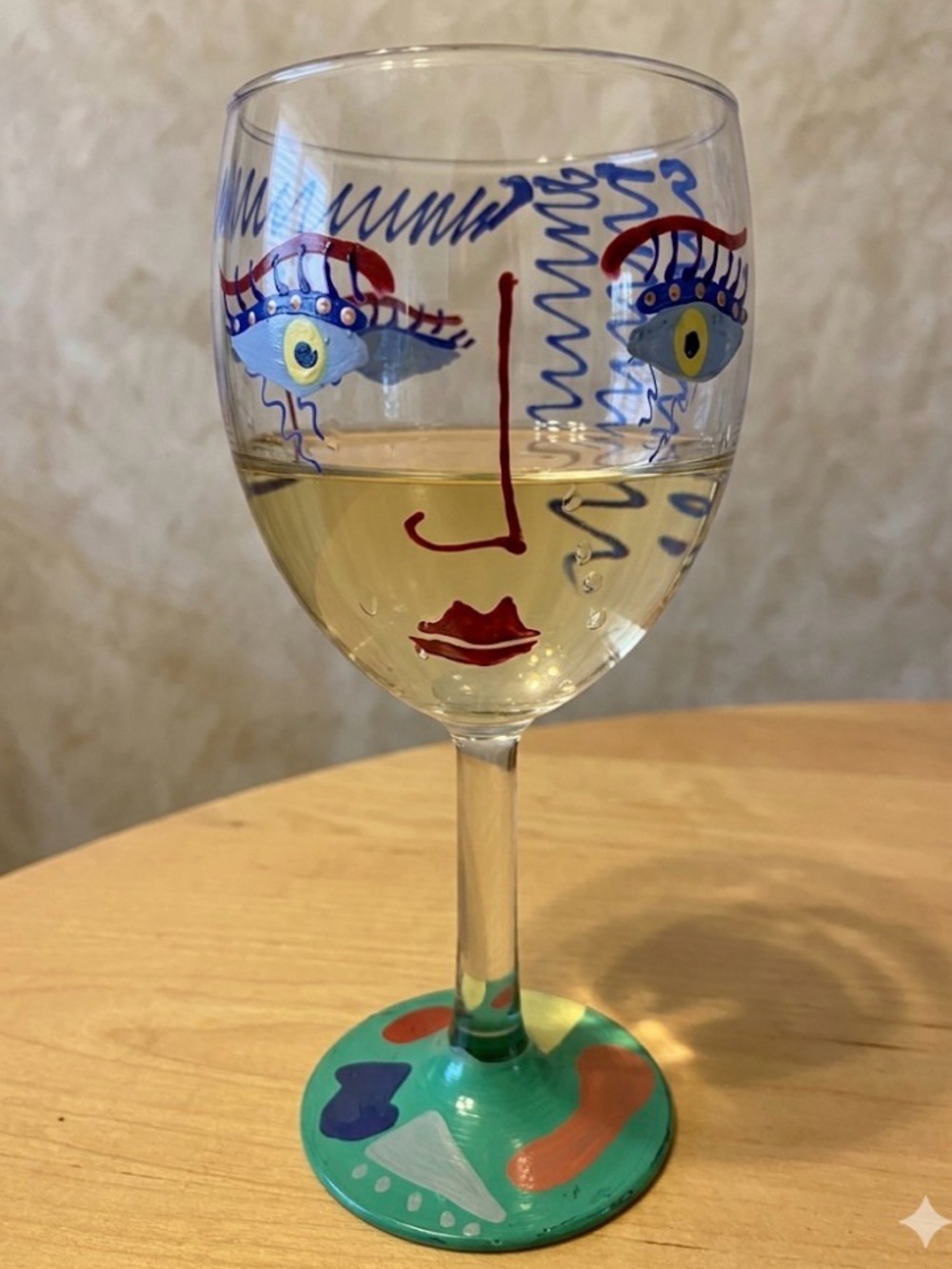 Whimsical Hand-Painted Abstract Face Wine Glass